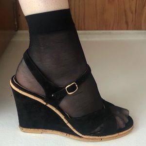 Vintage 70s Black Suede Wedge Sandals